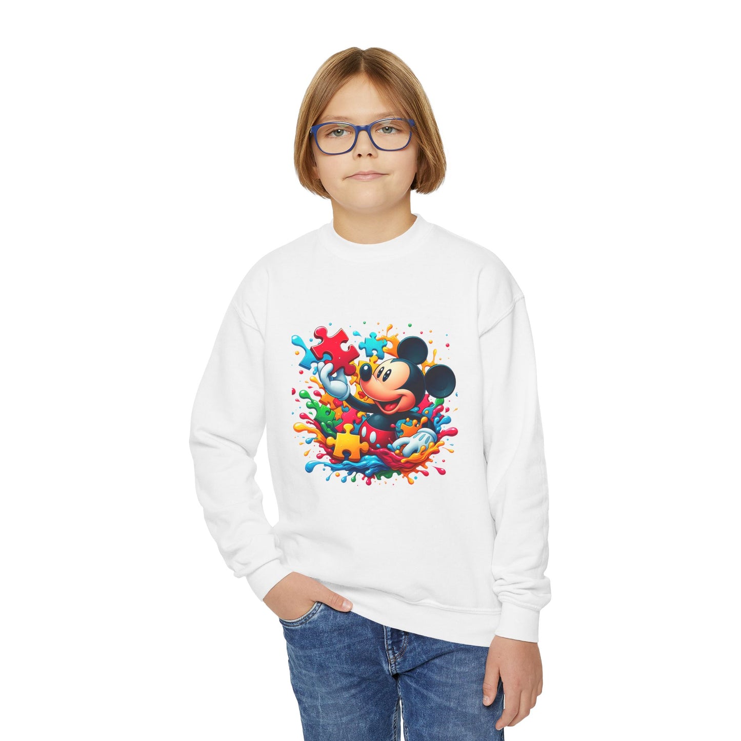 Colorful Puzzle Autism Awareness Youth Crewneck Sweatshirt - Mickey Mouse Design - Nefty Creations