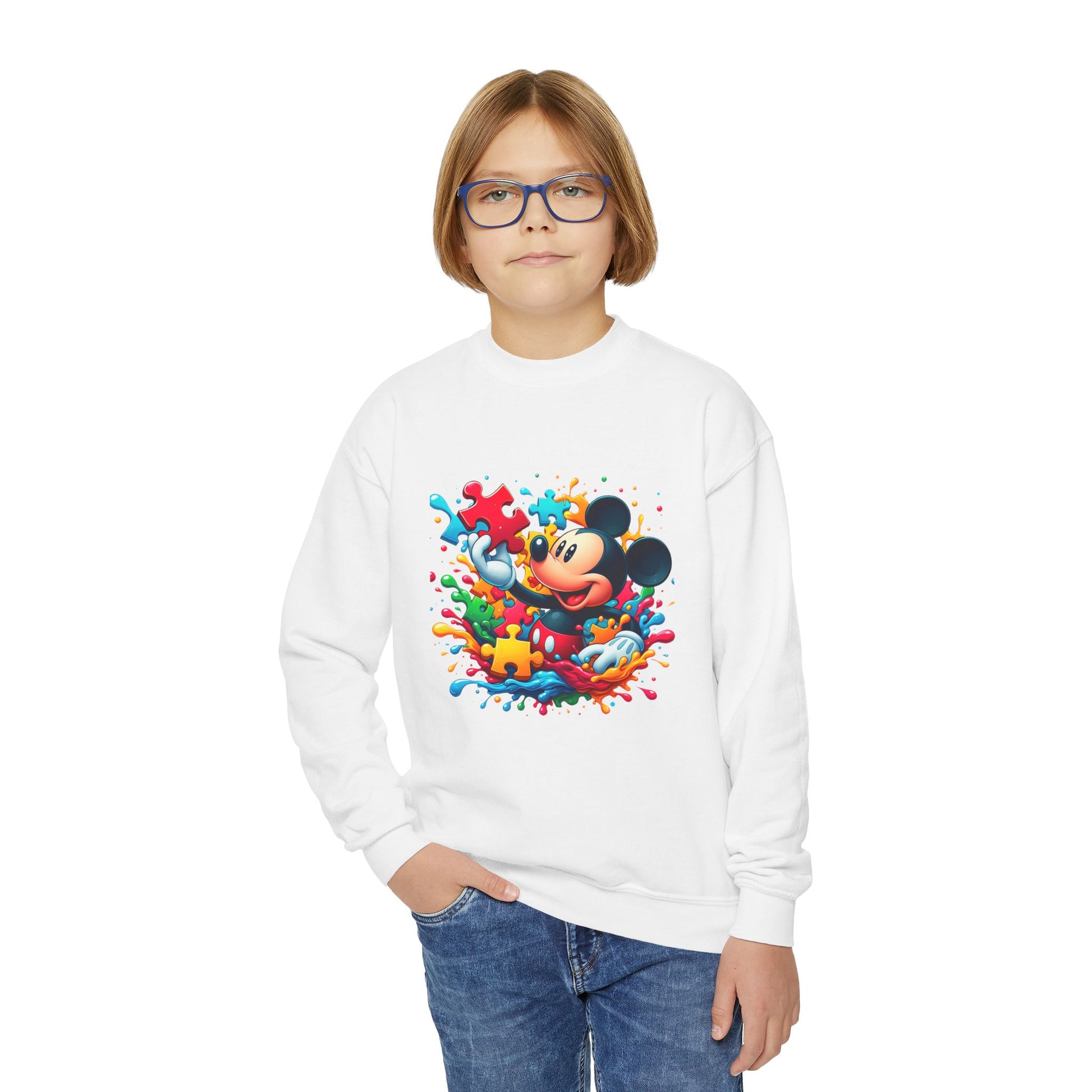 Colorful Puzzle Autism Awareness Youth Crewneck Sweatshirt - Mickey Mouse Design - Nefty Creations