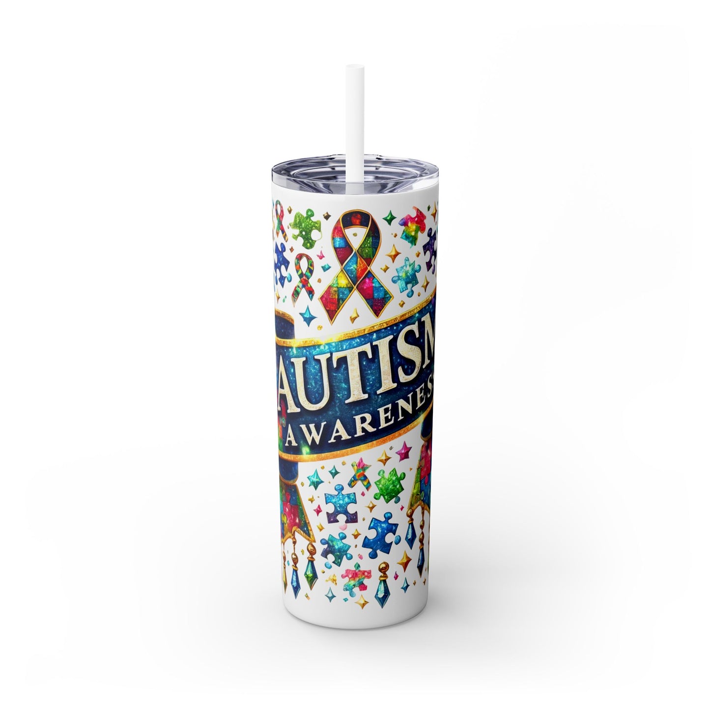 Autism Awareness Skinny Tumbler with Straw - 20oz Colorful Puzzle Design - Nefty Creations