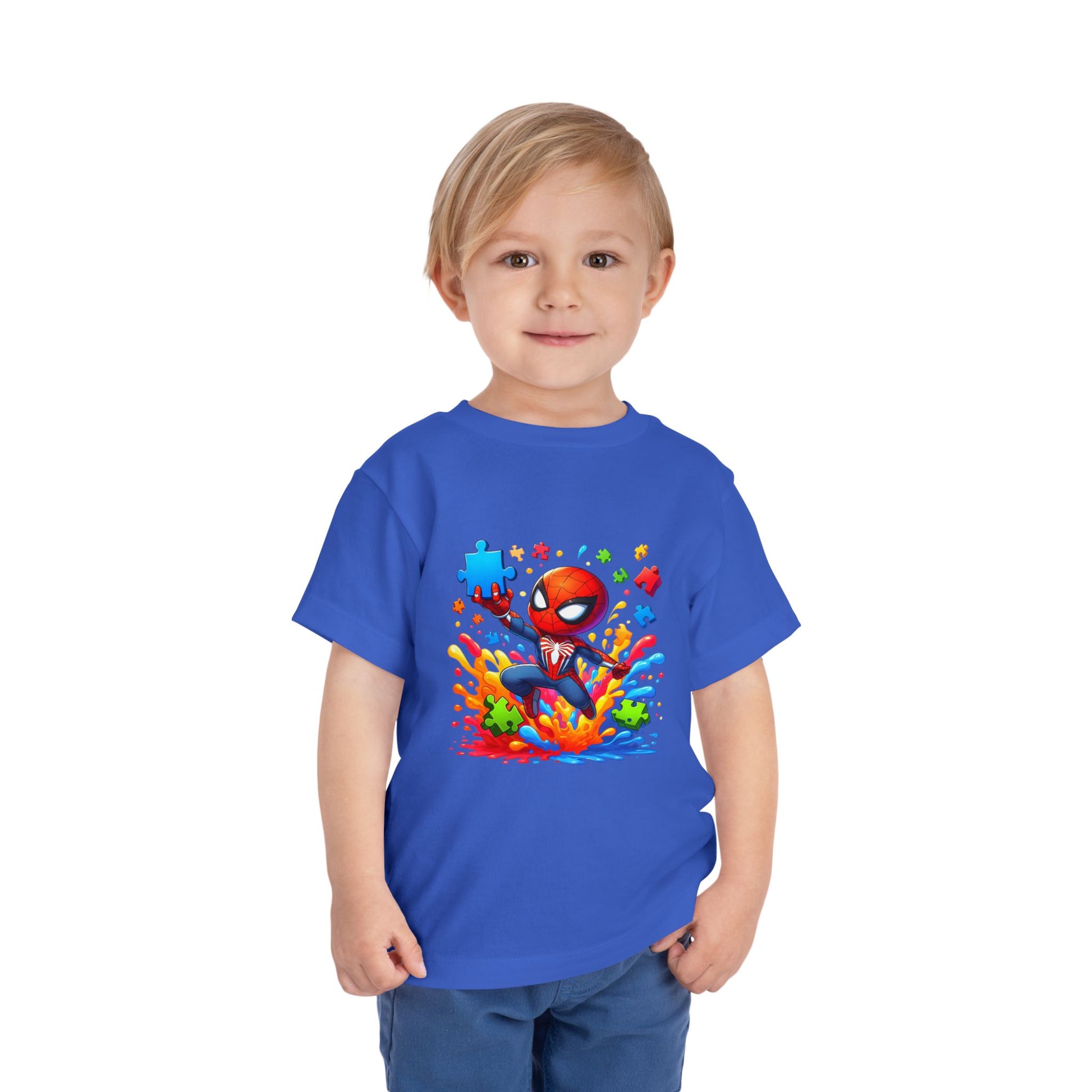 Toddler Spiderman Short Sleeve Tee - Autism Awareness Colorful Puzzle Splash Design - Nefty Creations