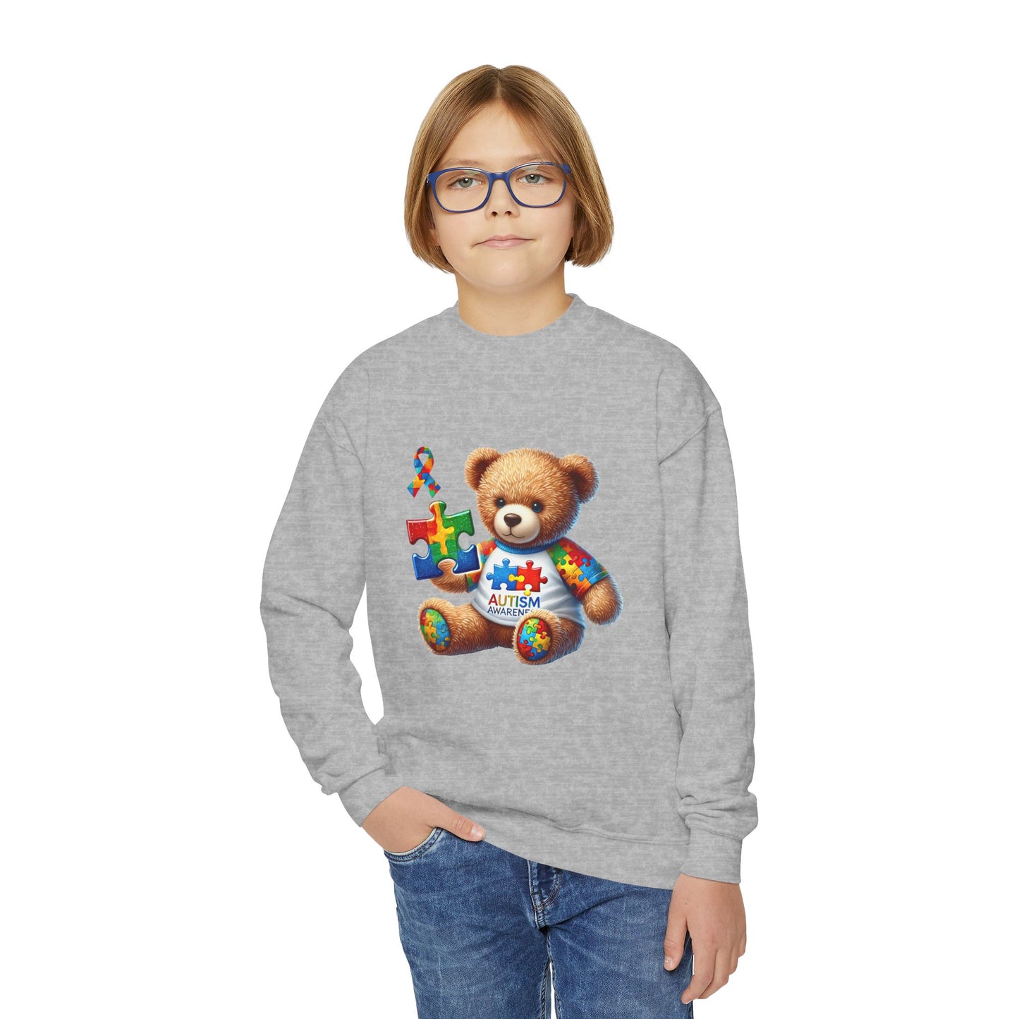 Autism Awareness Youth Crewneck Sweatshirt with Colorful Teddy Bear Design - Nefty Creations