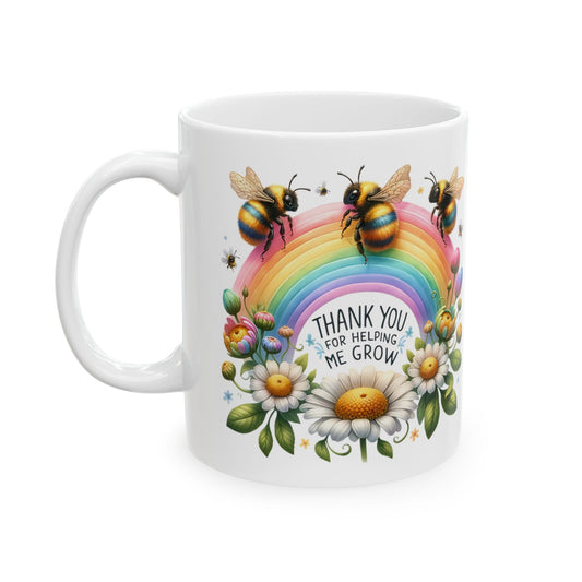 Thank You Rainbow Bee Ceramic Mug - Colorful Floral Design (11oz, 15oz) - Nefty Creations