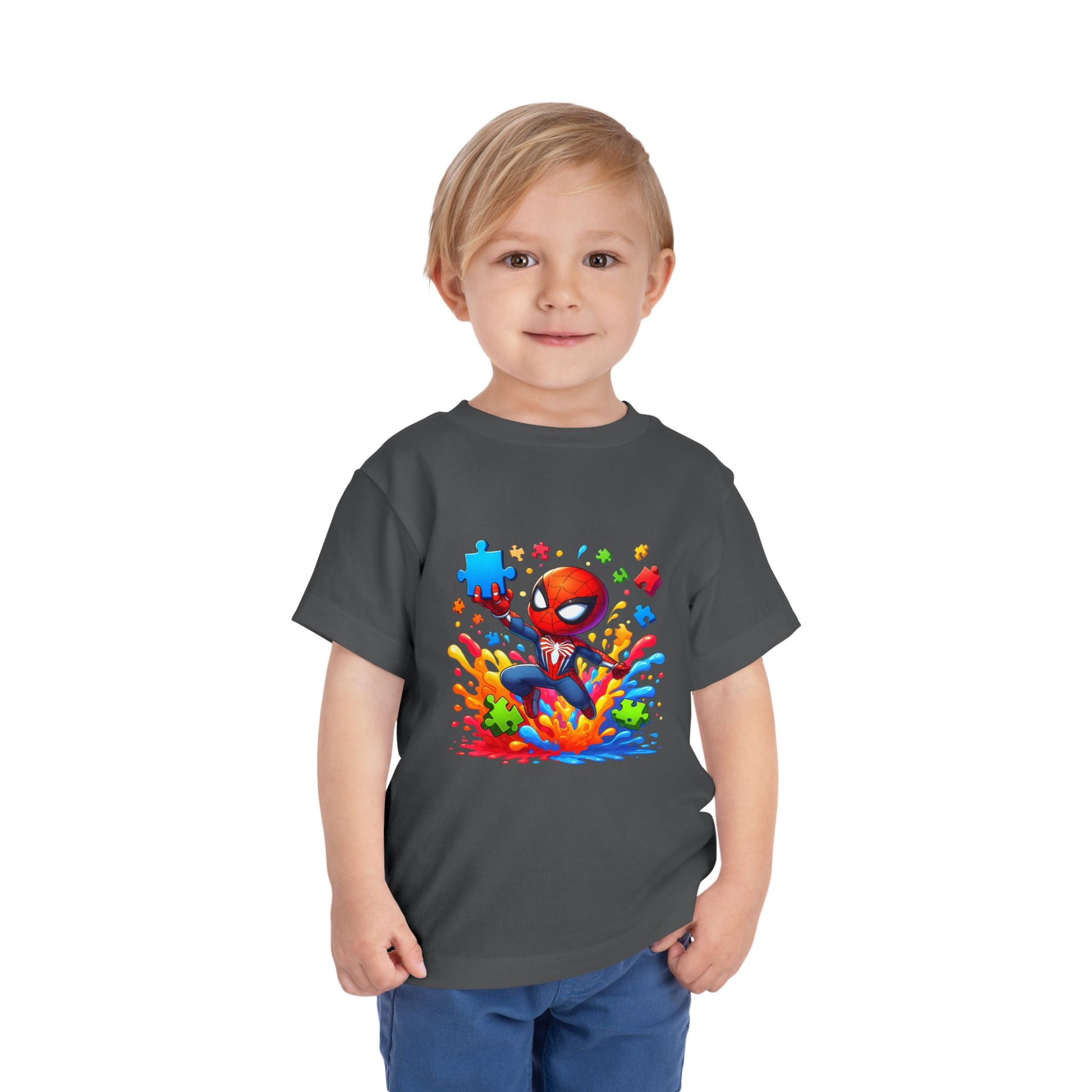 Toddler Spiderman Short Sleeve Tee - Autism Awareness Colorful Puzzle Splash Design - Nefty Creations