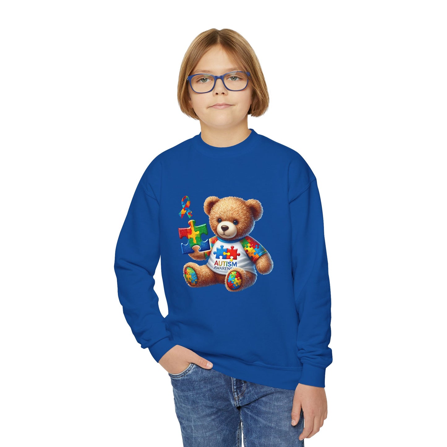 Autism Awareness Youth Crewneck Sweatshirt with Colorful Teddy Bear Design - Nefty Creations