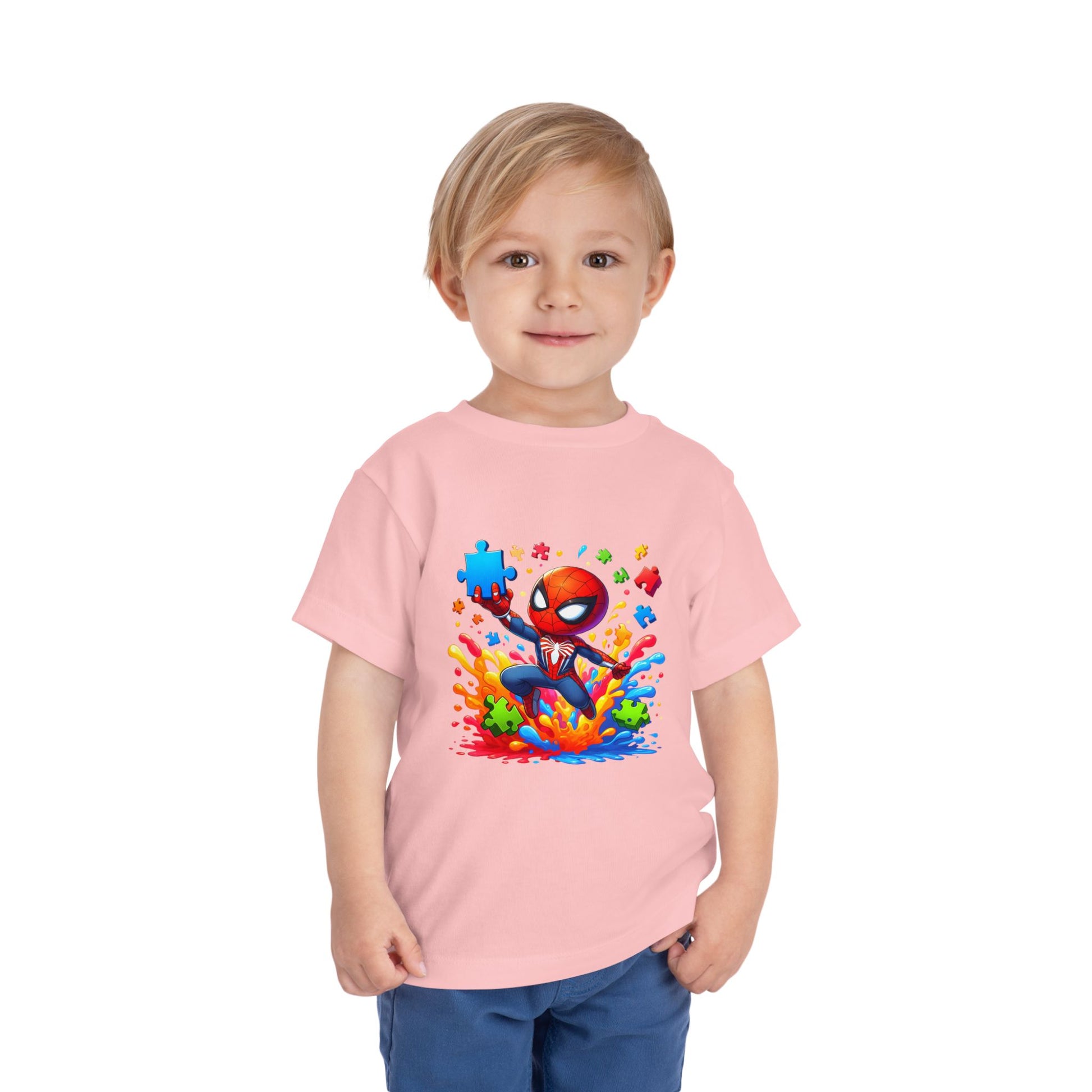 Toddler Spiderman Short Sleeve Tee - Autism Awareness Colorful Puzzle Splash Design - Nefty Creations