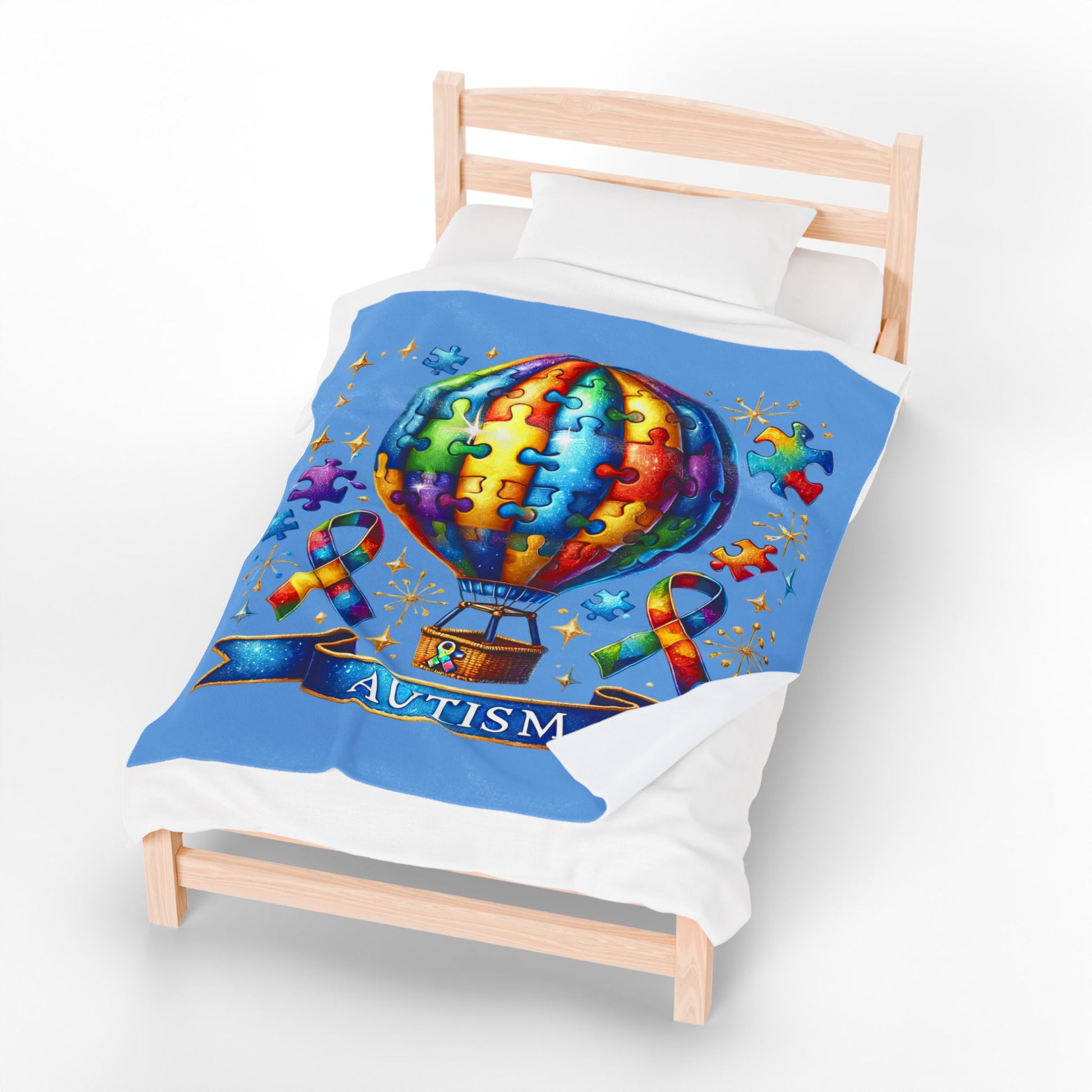 Autism Awareness Velveteen Plush Blanket for Kids - Colorful Hot Air Balloon Design - Nefty Creations