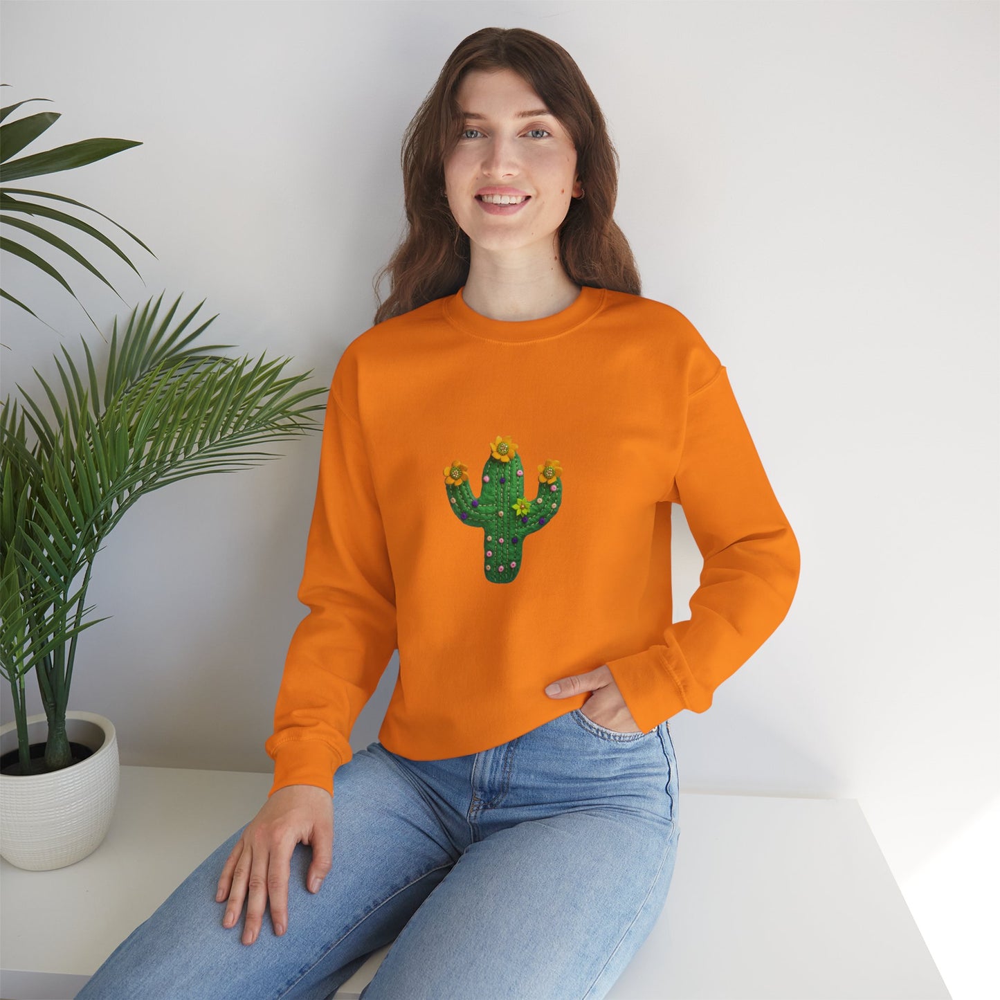 Cactus Vibes Unisex Crewneck Sweatshirt - Bright Orange Cozy Wear - Nefty Creations