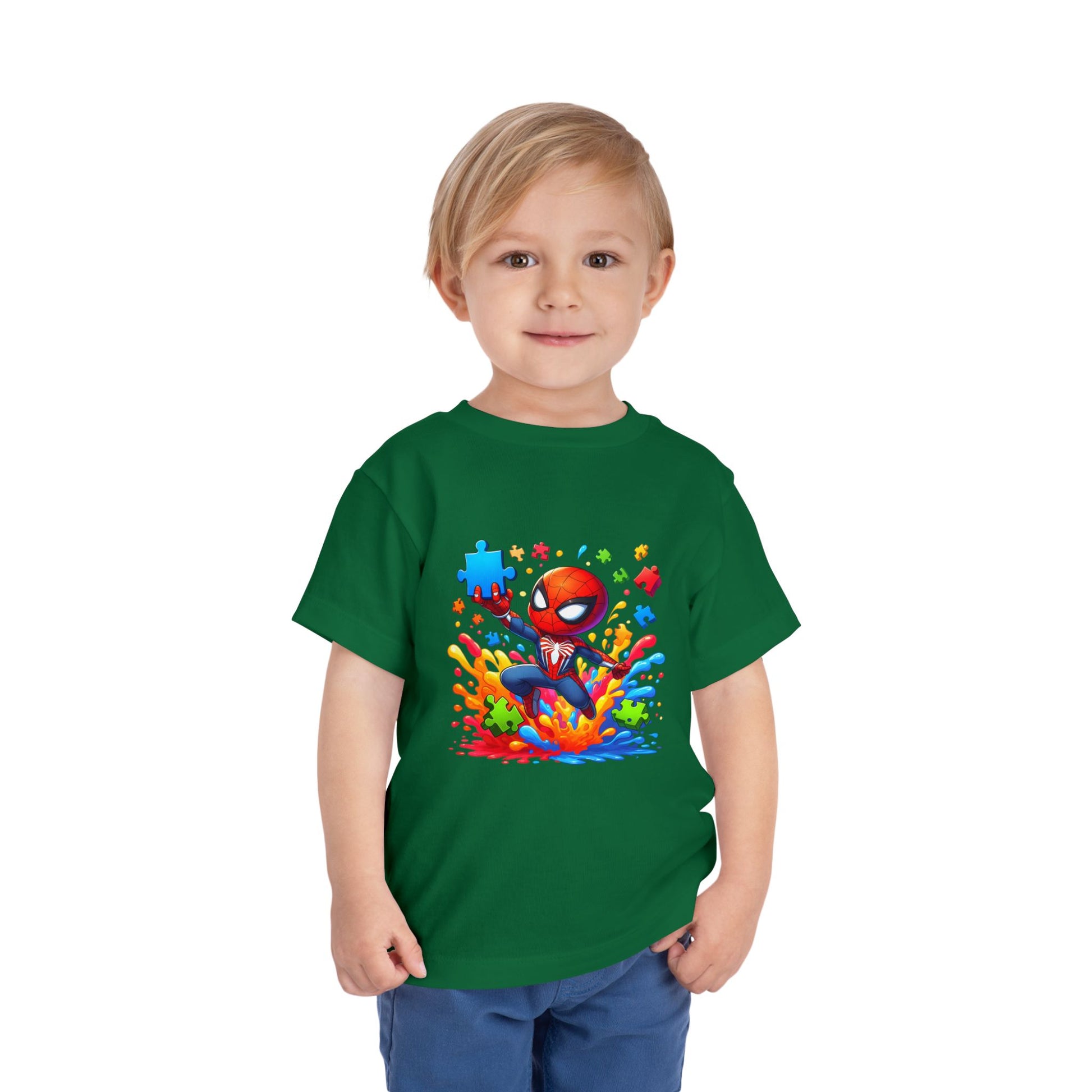 Toddler Spiderman Short Sleeve Tee - Autism Awareness Colorful Puzzle Splash Design - Nefty Creations