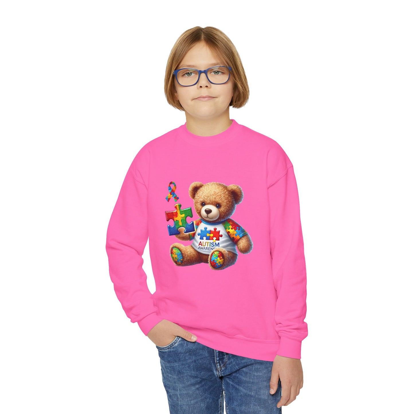 Autism Awareness Youth Crewneck Sweatshirt with Colorful Teddy Bear Design - Nefty Creations