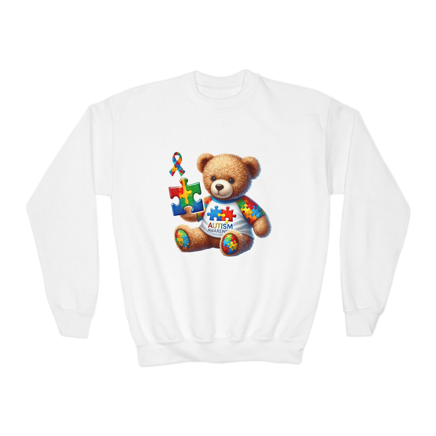 Autism Awareness Youth Crewneck Sweatshirt with Colorful Teddy Bear Design - Nefty Creations