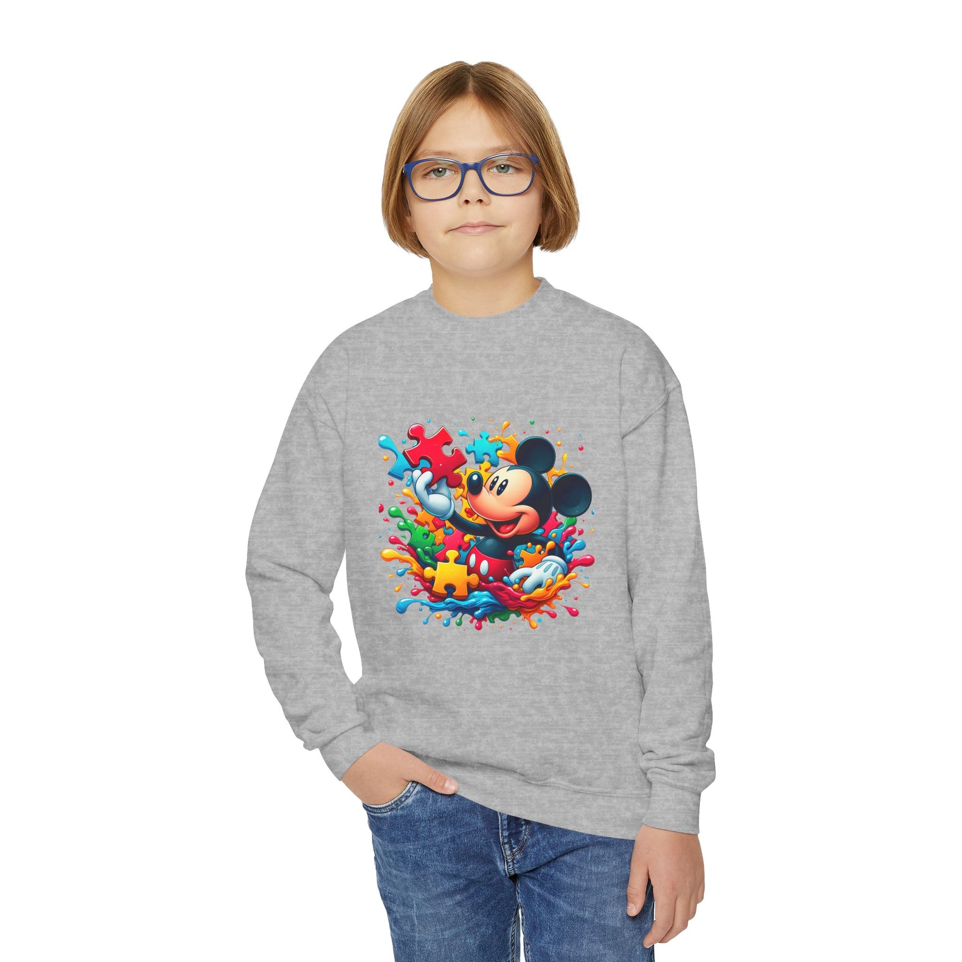 Colorful Puzzle Autism Awareness Youth Crewneck Sweatshirt - Mickey Mouse Design - Nefty Creations
