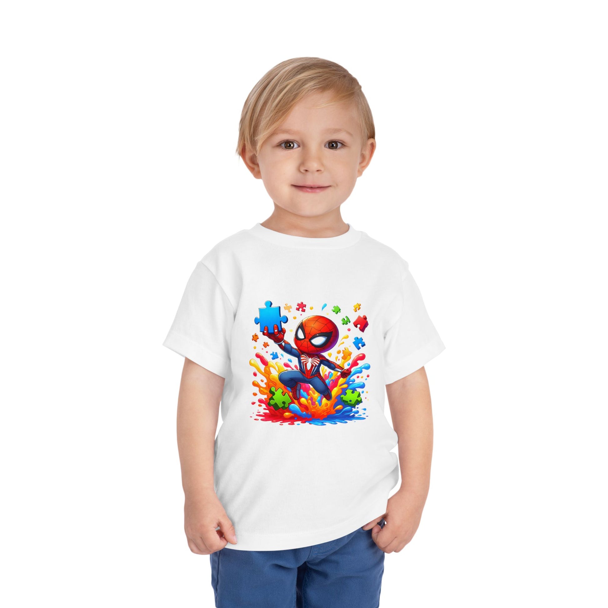 Toddler Spiderman Short Sleeve Tee - Autism Awareness Colorful Puzzle Splash Design - Nefty Creations