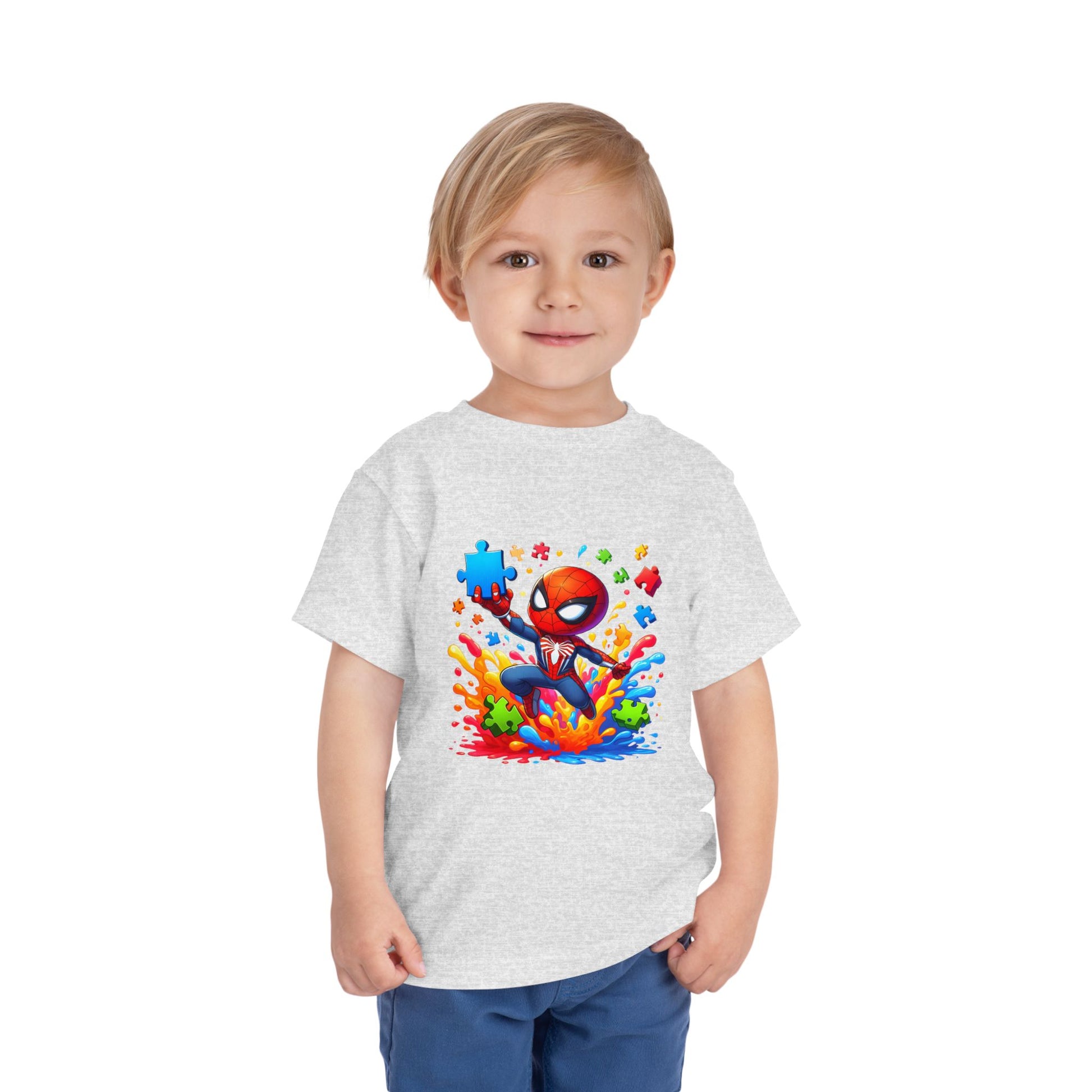 Toddler Spiderman Short Sleeve Tee - Autism Awareness Colorful Puzzle Splash Design - Nefty Creations