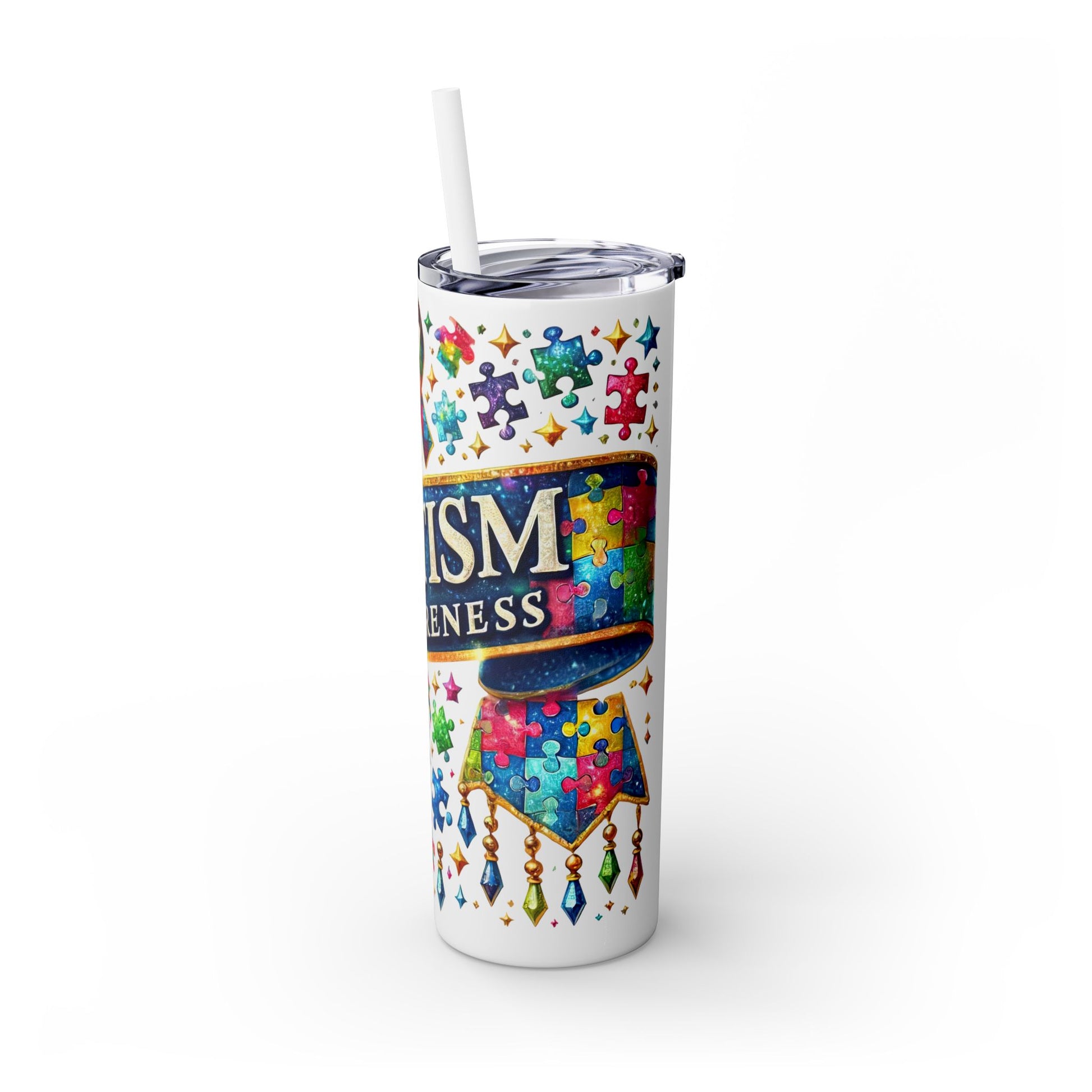 Autism Awareness Skinny Tumbler with Straw - 20oz Colorful Puzzle Design - Nefty Creations