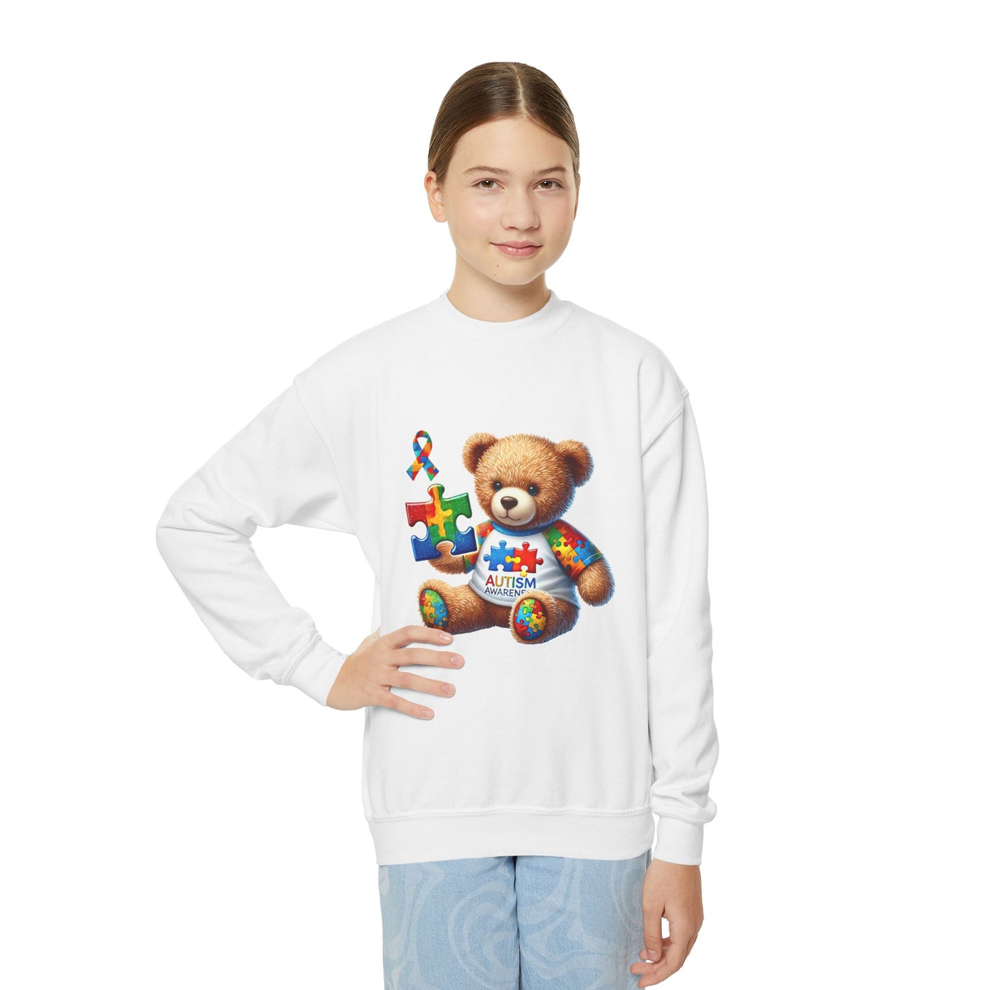Autism Awareness Youth Crewneck Sweatshirt with Colorful Teddy Bear Design - Nefty Creations
