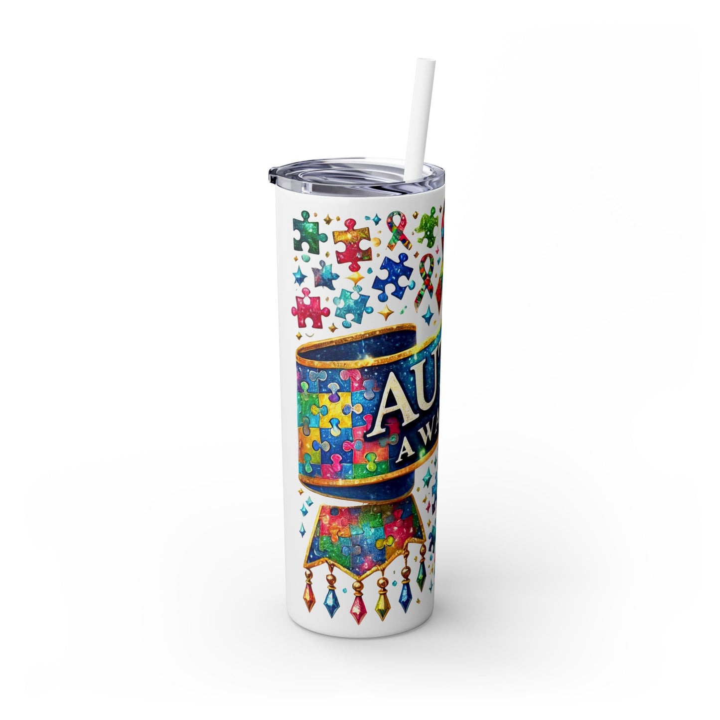 Autism Awareness Skinny Tumbler with Straw - 20oz Colorful Puzzle Design - Nefty Creations