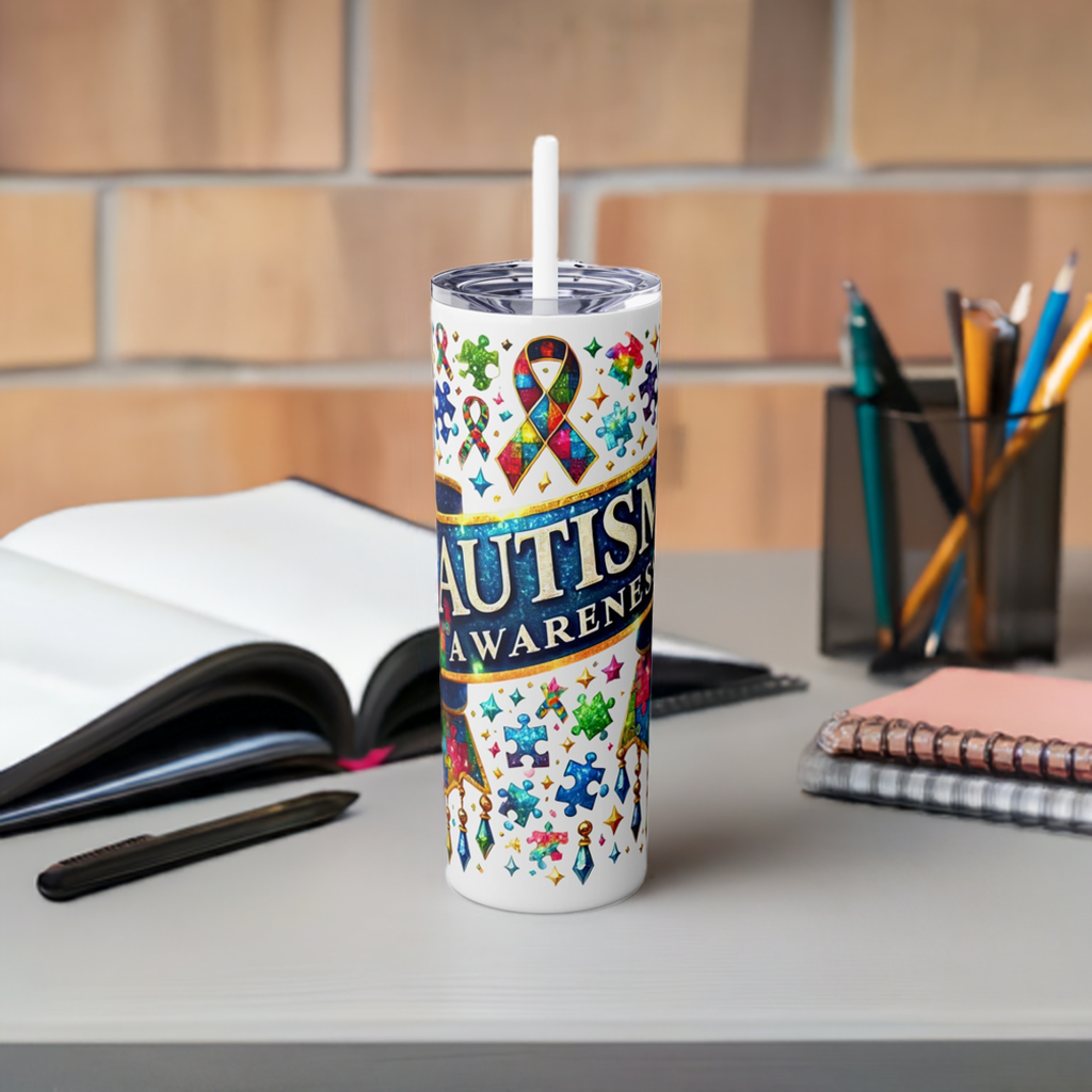 Autism Awareness Skinny Tumbler with Straw - 20oz Colorful Puzzle Design - Nefty Creations
