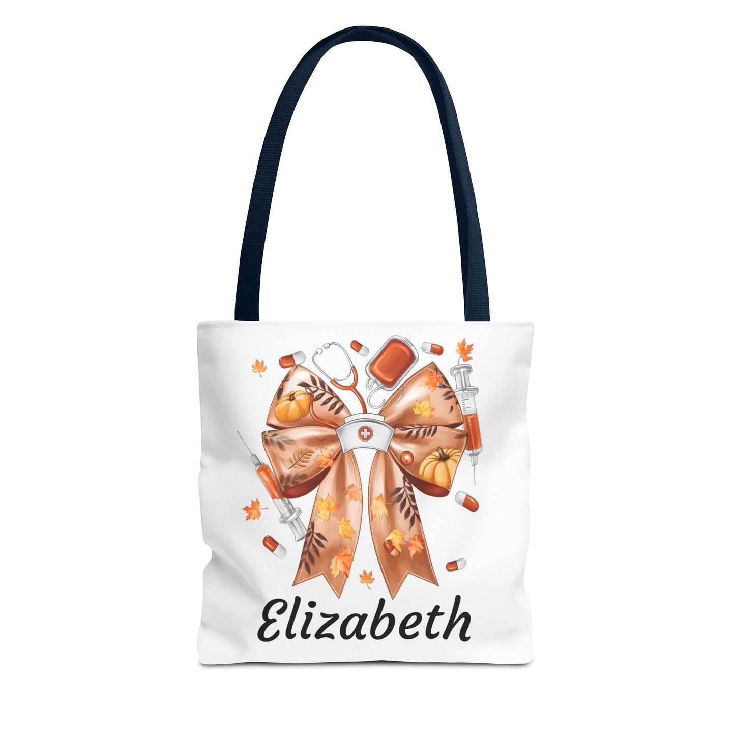 Personalized fall nurse tote bag with autumn design and name 'Elizabeth', featuring medical tools and seasonal elements.