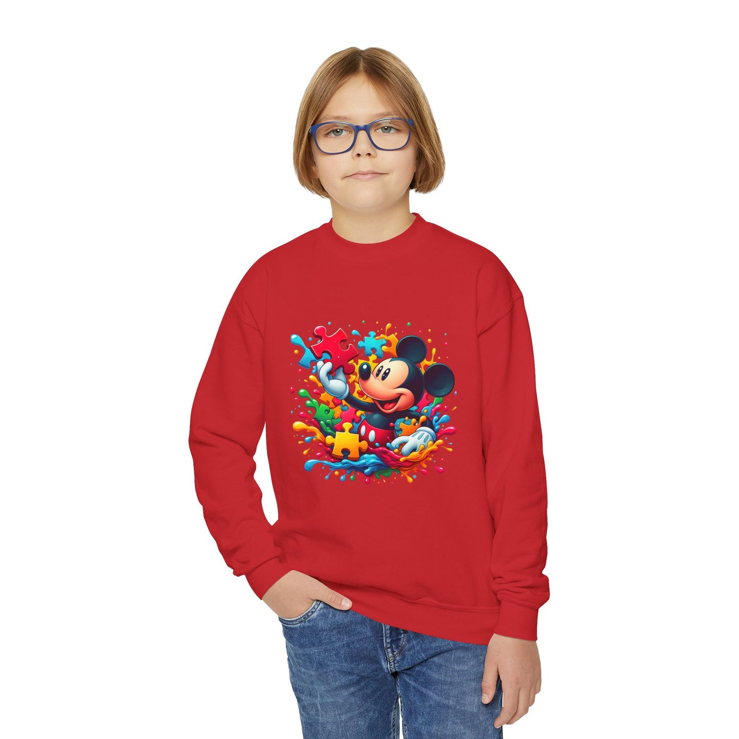 Colorful Puzzle Autism Awareness Youth Crewneck Sweatshirt - Mickey Mouse Design