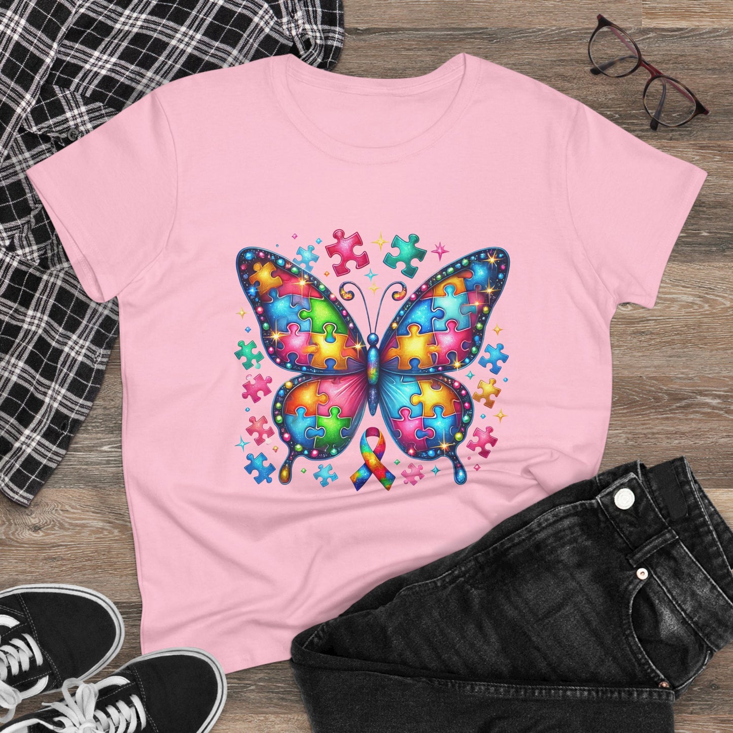 Colorful Butterfly Puzzle Women's Midweight Cotton Tee