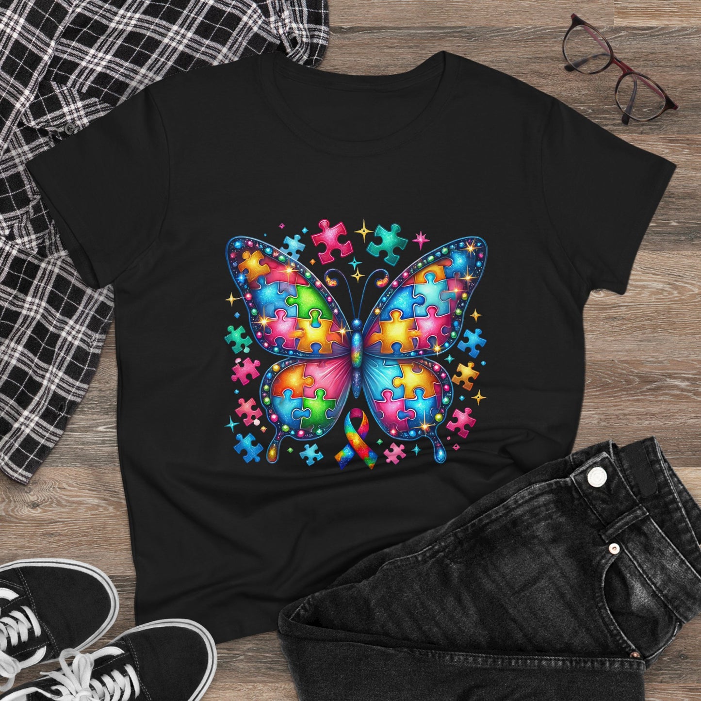 Colorful Butterfly Puzzle Women's Midweight Cotton Tee