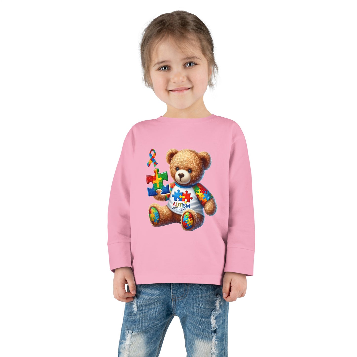 Autism Awareness Toddler Long Sleeve Tee - Cute Teddy Bear Design