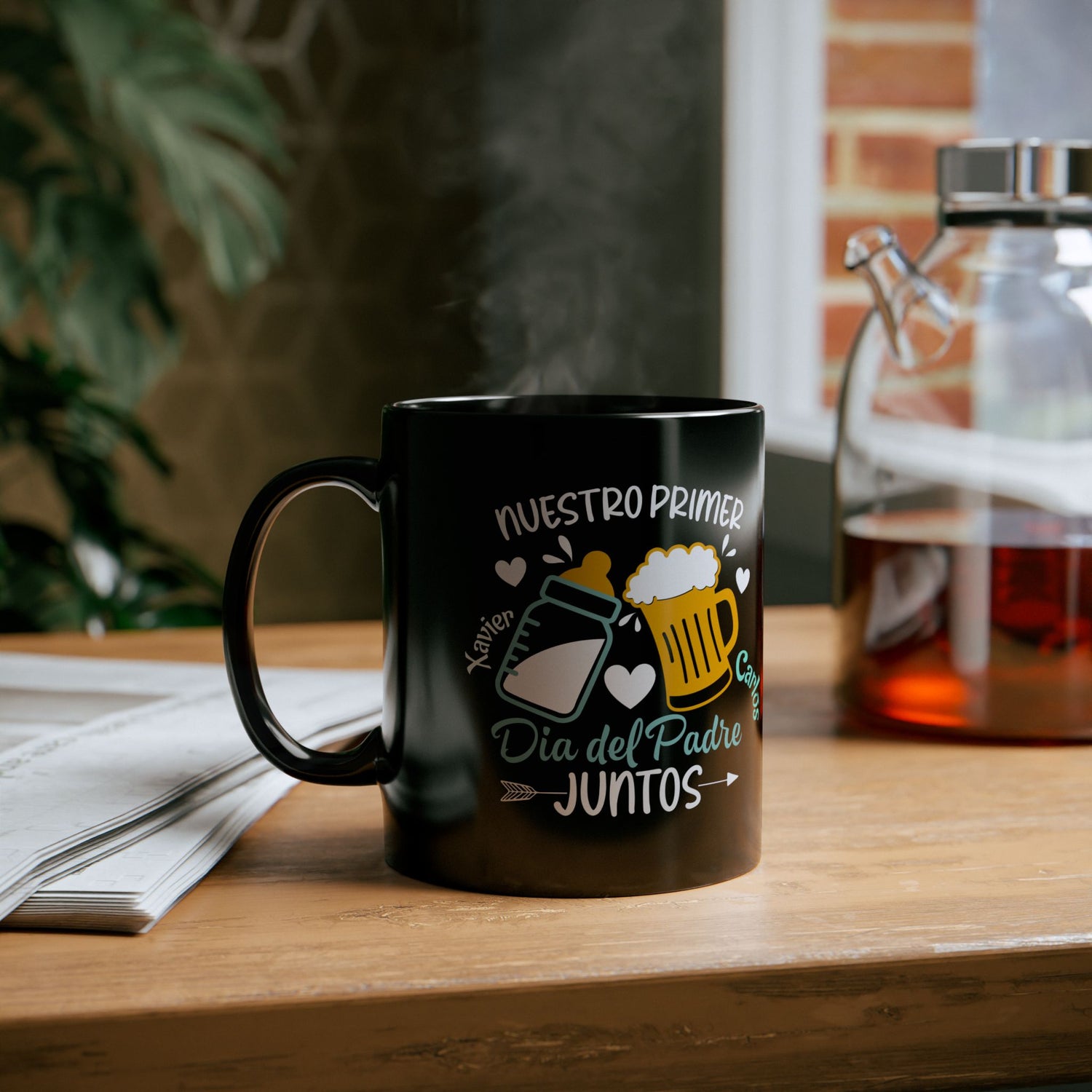 First Father's Day Black Mug | Best Dad Ever Gift | Personalized Coffee Cup | Cute Baby bottle & Beer Design | 11oz, 15oz - Nefty Creations
