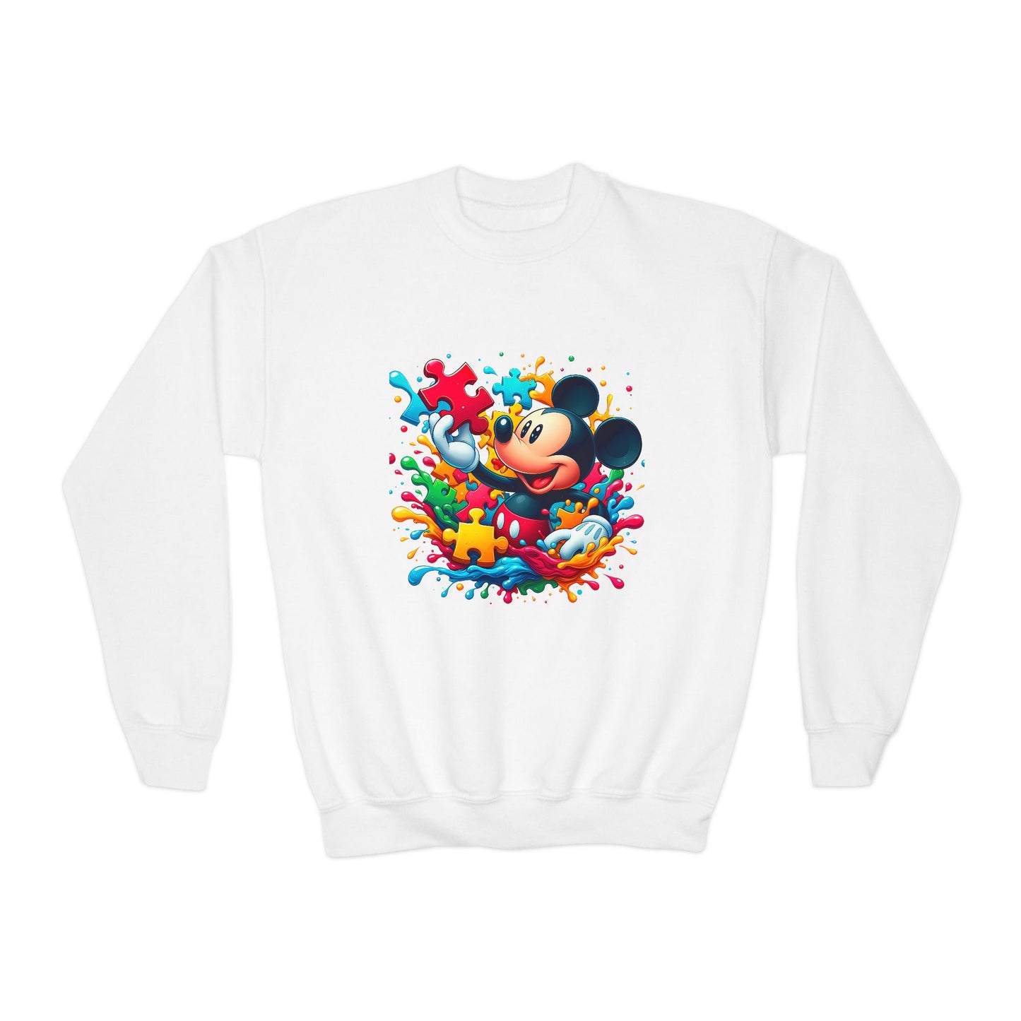 Colorful Puzzle Autism Awareness Youth Crewneck Sweatshirt - Mickey Mouse Design