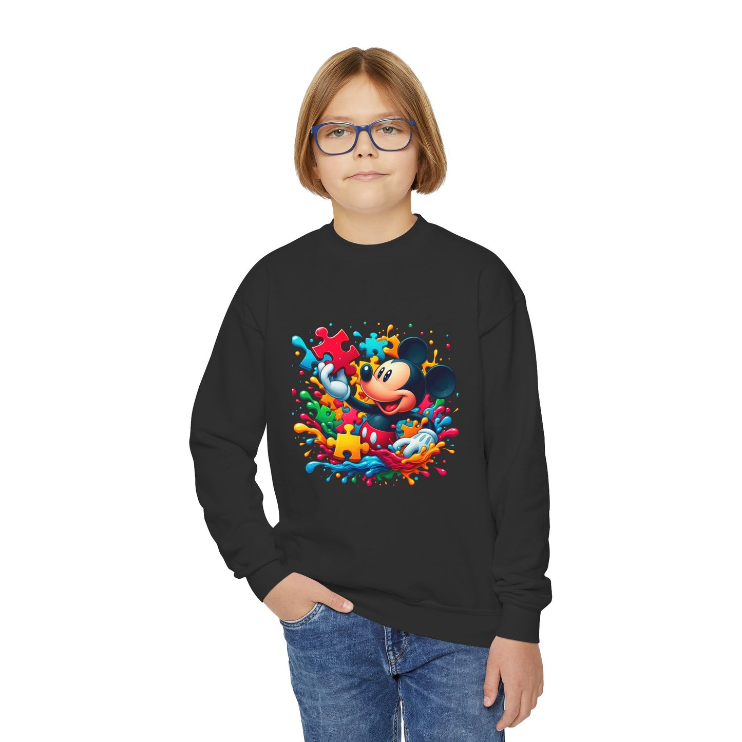 Colorful Puzzle Autism Awareness Youth Crewneck Sweatshirt - Mickey Mouse Design
