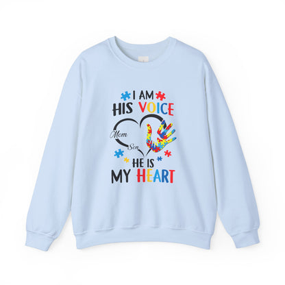 I Am His Voice Crewneck Sweatshirt for Moms & Sons - Autism Awareness Colorful Heart Design - Nefty Creations