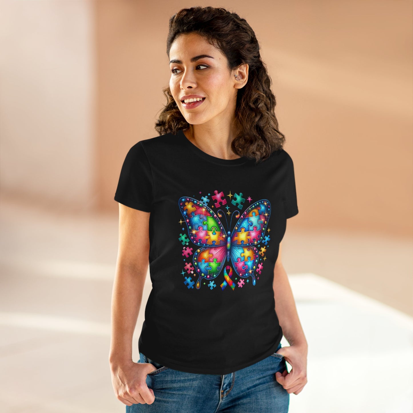 Colorful Butterfly Puzzle Women's Midweight Cotton Tee