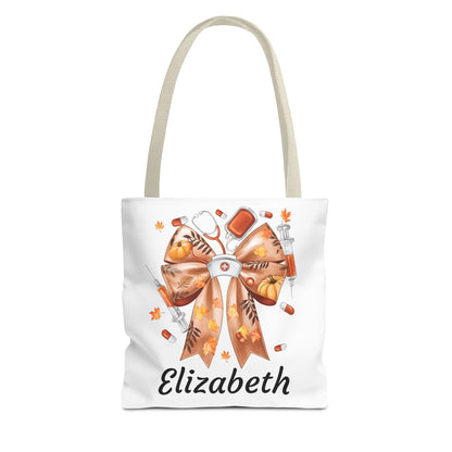 Personalized Fall Nurse Tote Bag with autumn design, featuring bow and medical tools, named 'Elizabeth'