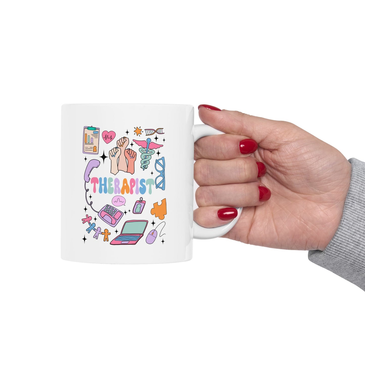 Whimsical Ceramic Mug with Fun Illustrations - Perfect Gift for Therapist Professionals