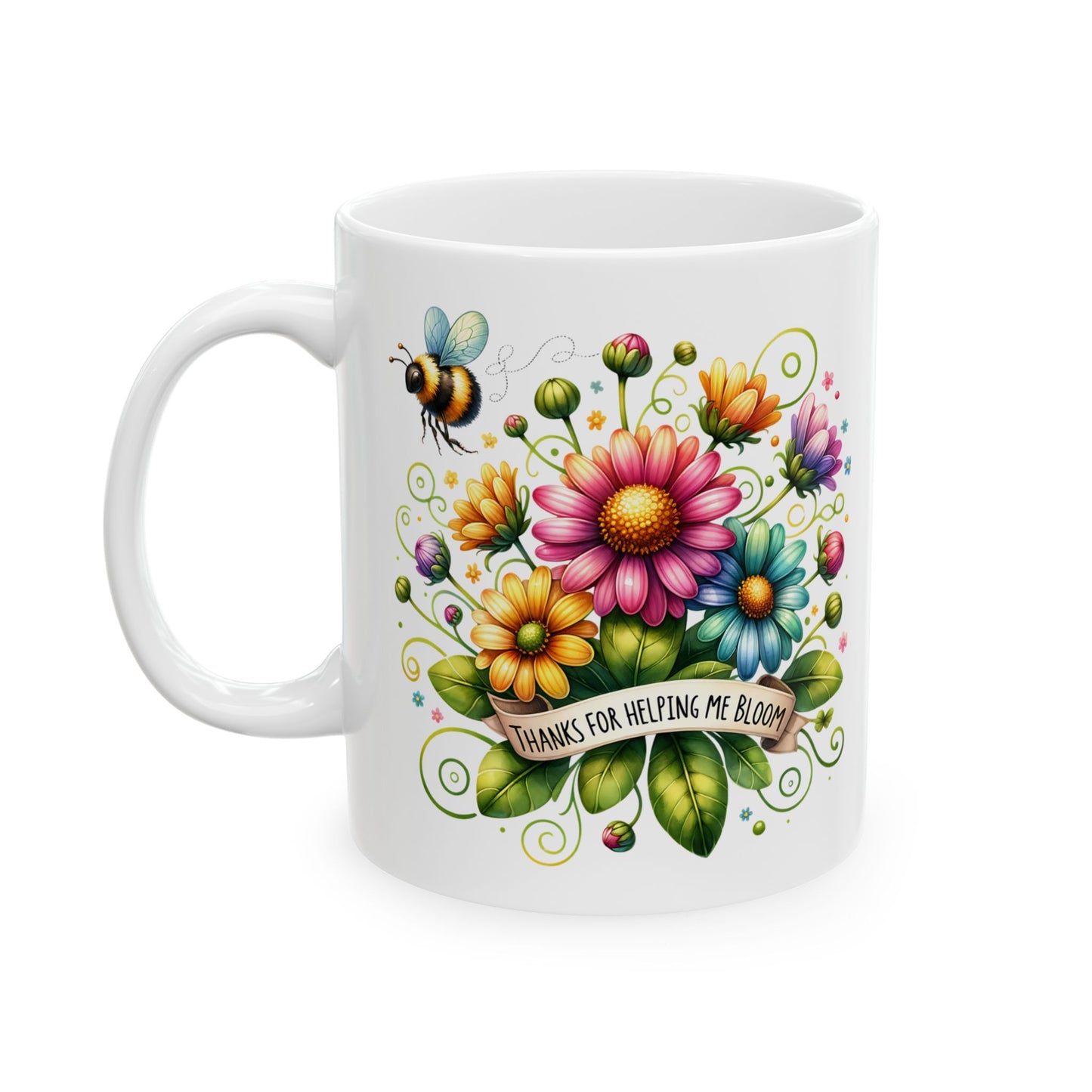 Flower & Bee Ceramic Mug – Thank You Design (11oz & 15oz)