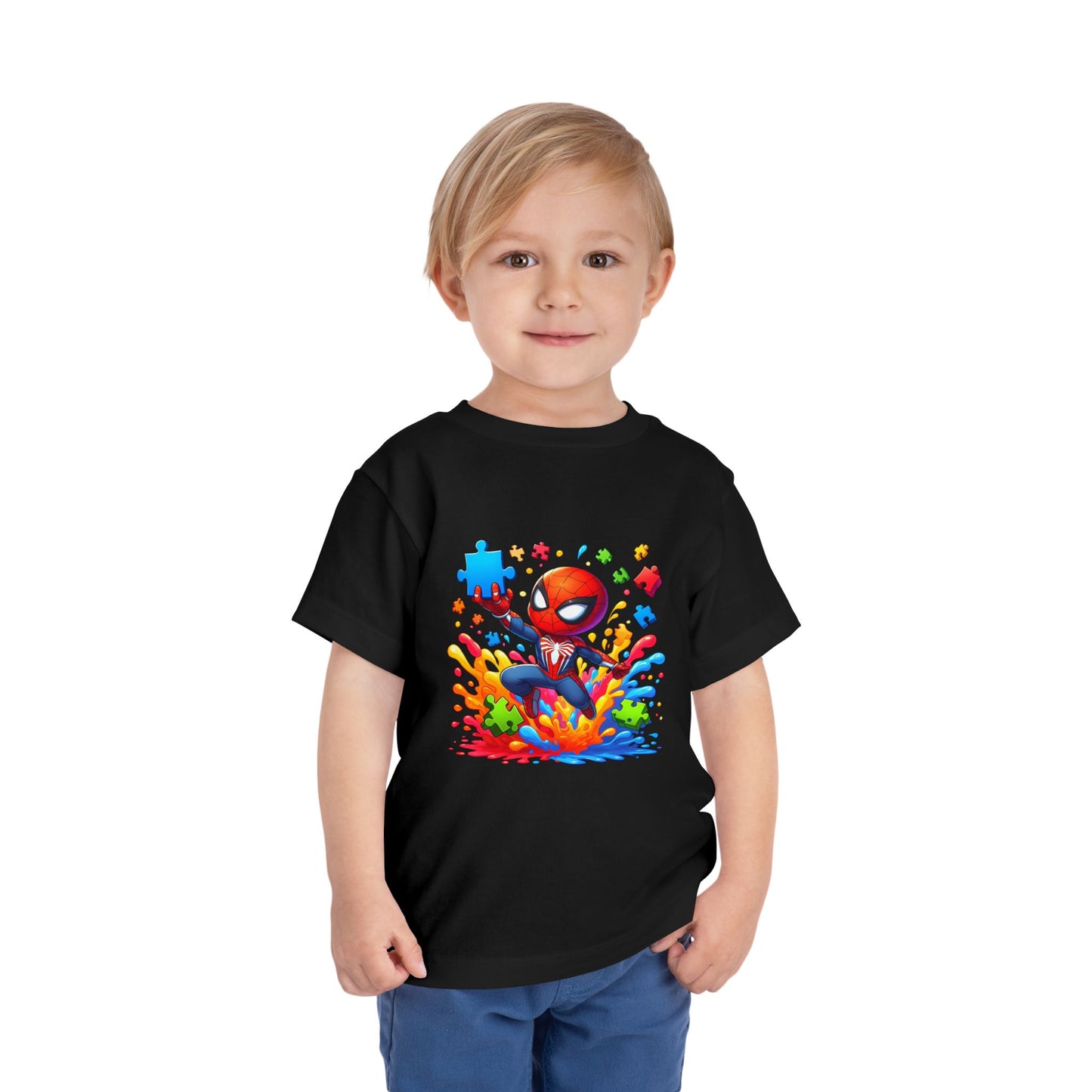 Toddler Spiderman Short Sleeve Tee - Autism Awareness Colorful Puzzle Splash Design