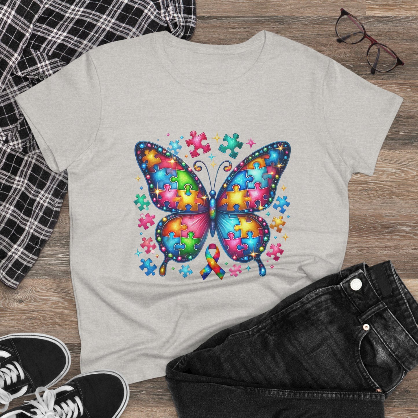 Colorful Butterfly Puzzle Women's Midweight Cotton Tee