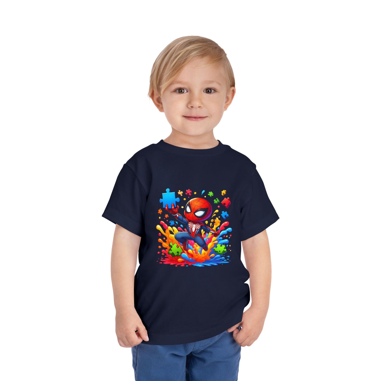 Toddler Spiderman Short Sleeve Tee - Autism Awareness Colorful Puzzle Splash Design
