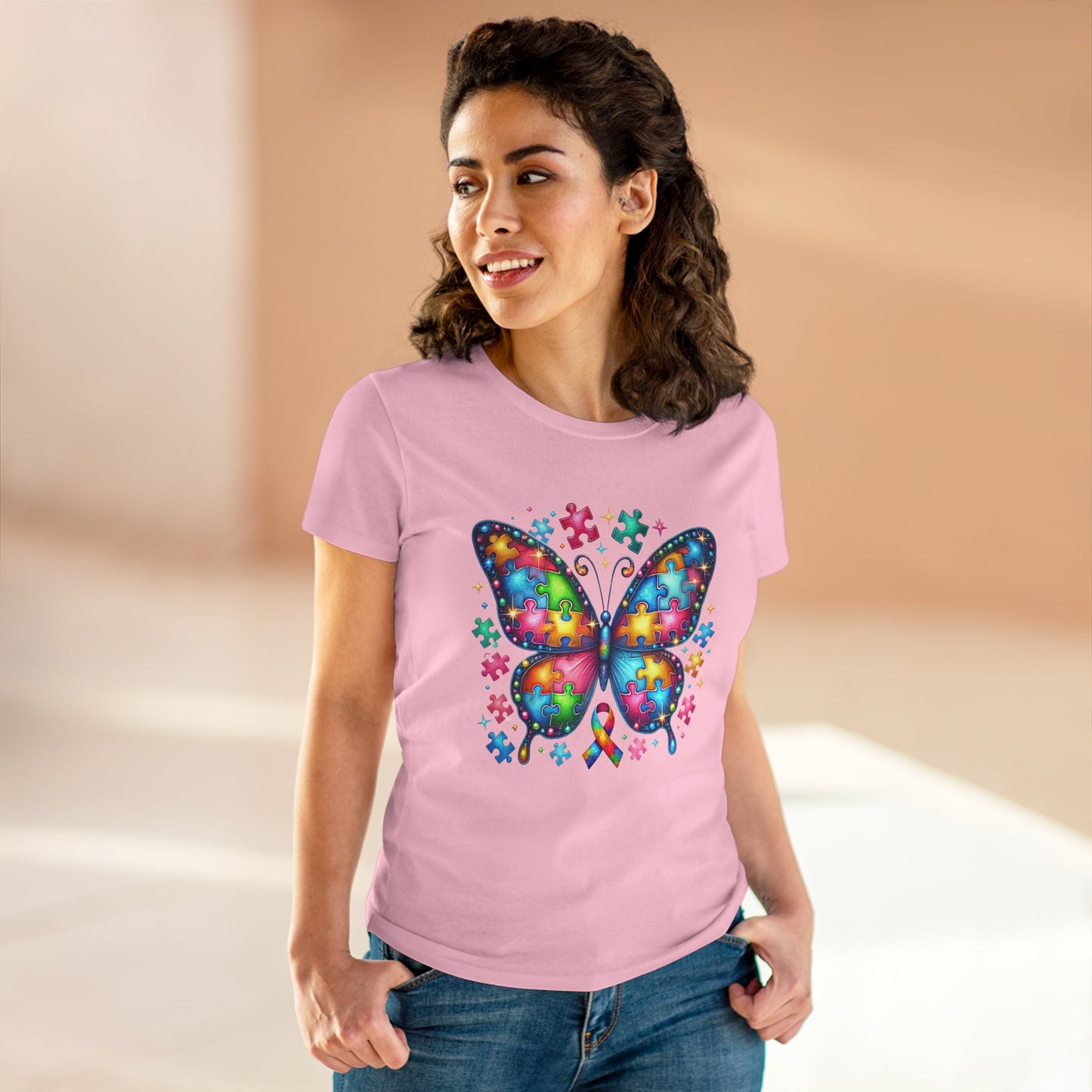 Colorful Butterfly Puzzle Women's Midweight Cotton Tee