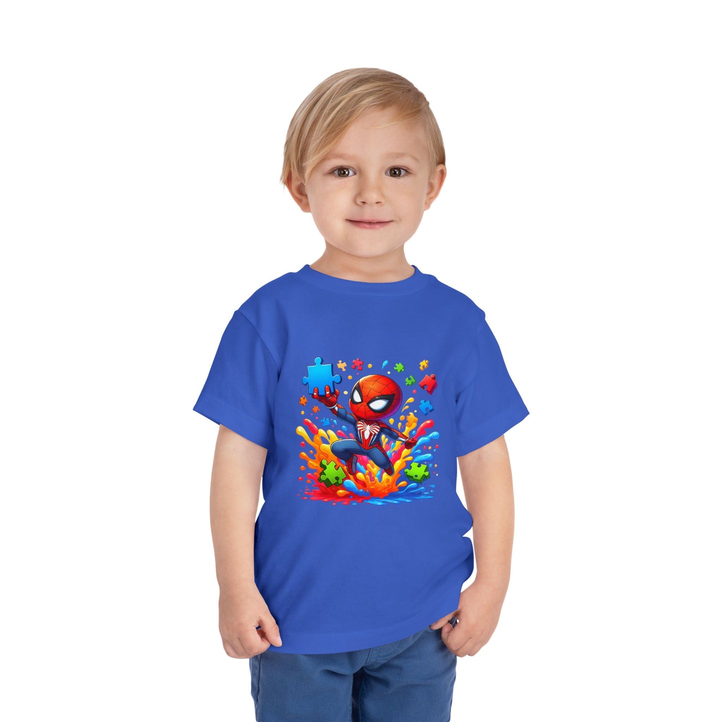 Toddler Spiderman Short Sleeve Tee - Autism Awareness Colorful Puzzle Splash Design