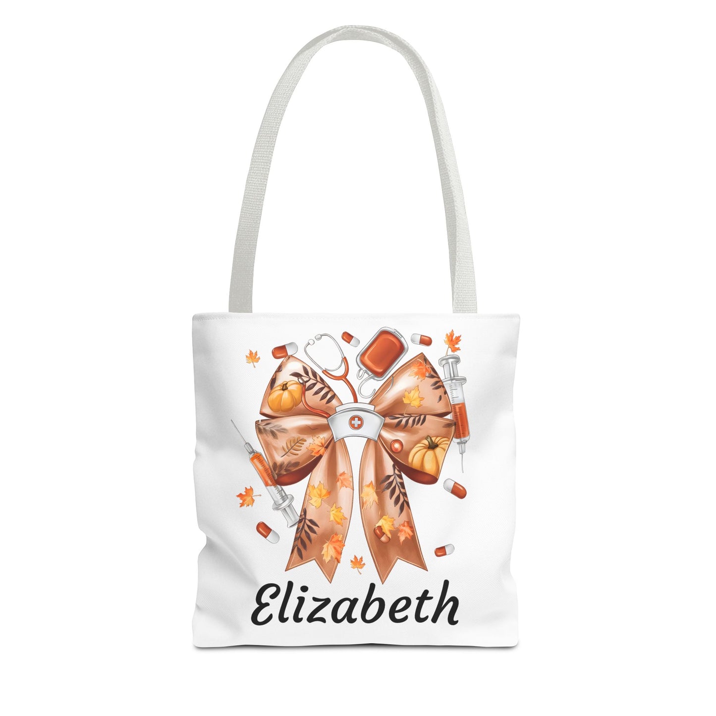 Personalized fall nurse tote bag with autumn bow design and name 'Elizabeth' for nurses.