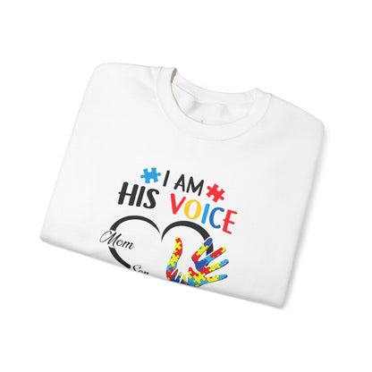 I Am His Voice Crewneck Sweatshirt for Moms & Sons - Autism Awareness Colorful Heart Design - Nefty Creations