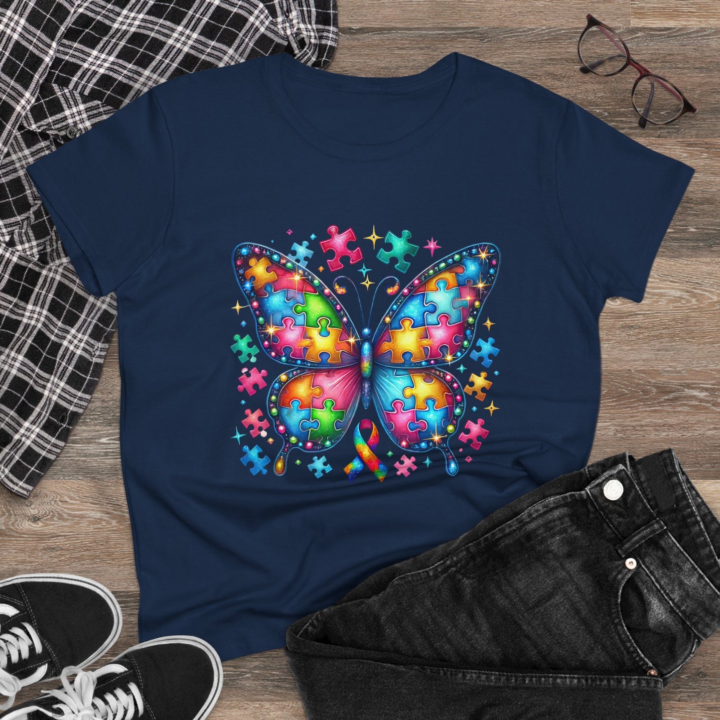 Colorful Butterfly Puzzle Women's Midweight Cotton Tee
