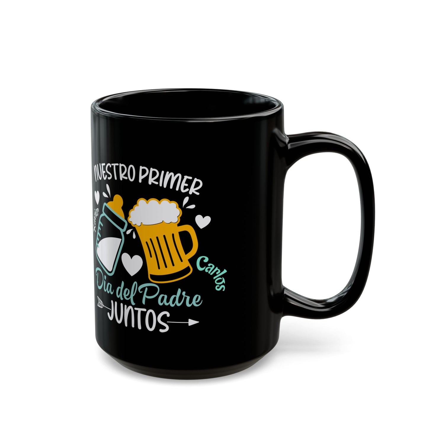 First Father's Day Black Mug | Best Dad Ever Gift | Personalized Coffee Cup | Cute Baby bottle & Beer Design | 11oz, 15oz - Nefty Creations