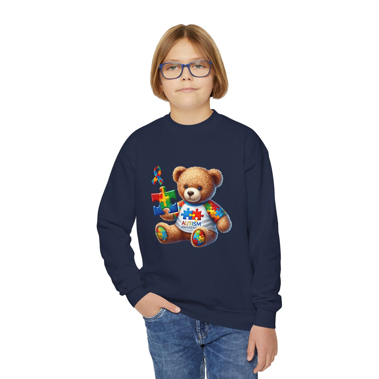 Autism Awareness Youth Crewneck Sweatshirt with Colorful Teddy Bear Design