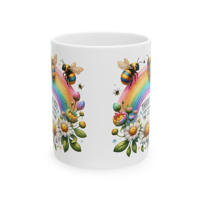 Thank You Rainbow Bee Ceramic Mug - Colorful Floral Design (11oz, 15oz) - Nefty Creations