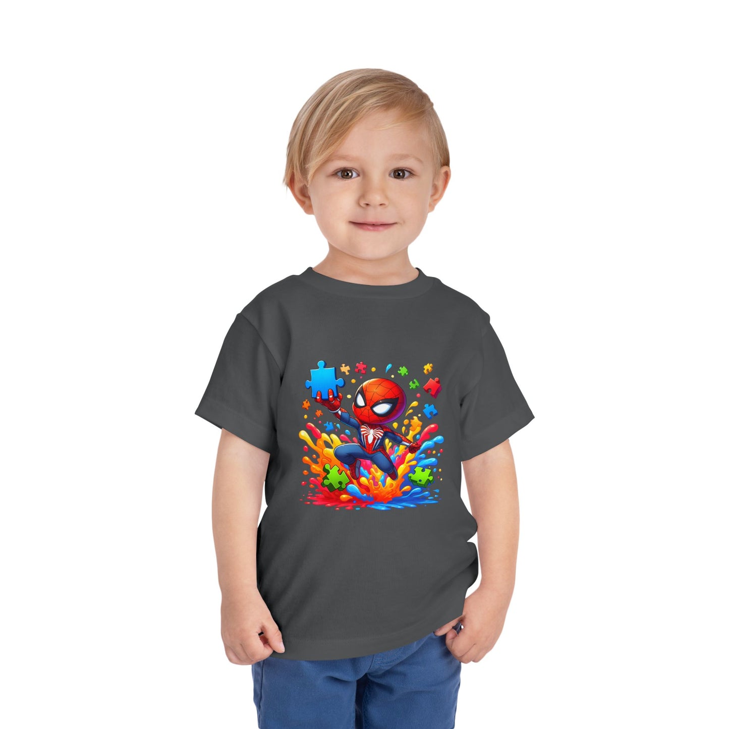 Toddler Spiderman Short Sleeve Tee - Autism Awareness Colorful Puzzle Splash Design
