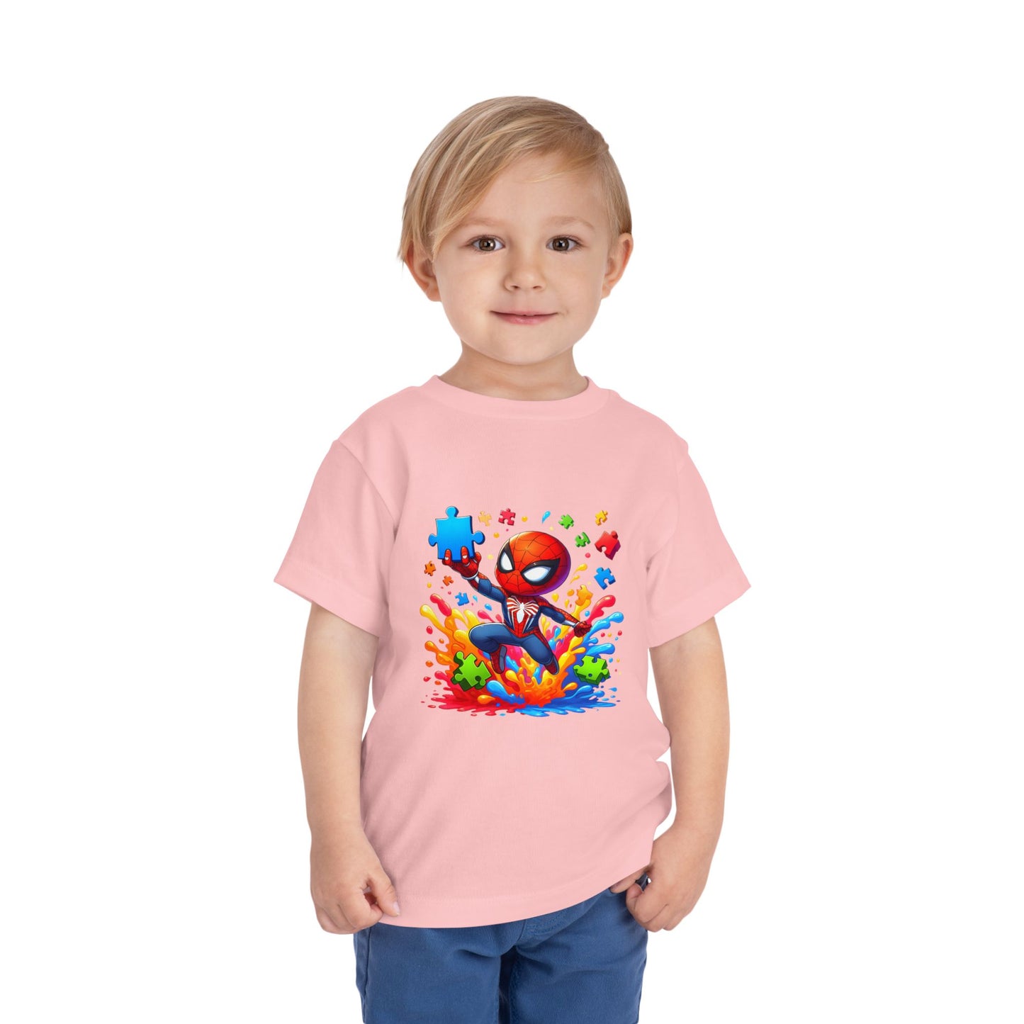 Toddler Spiderman Short Sleeve Tee - Autism Awareness Colorful Puzzle Splash Design