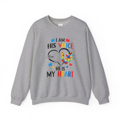 I Am His Voice Crewneck Sweatshirt for Moms & Sons - Autism Awareness Colorful Heart Design - Nefty Creations