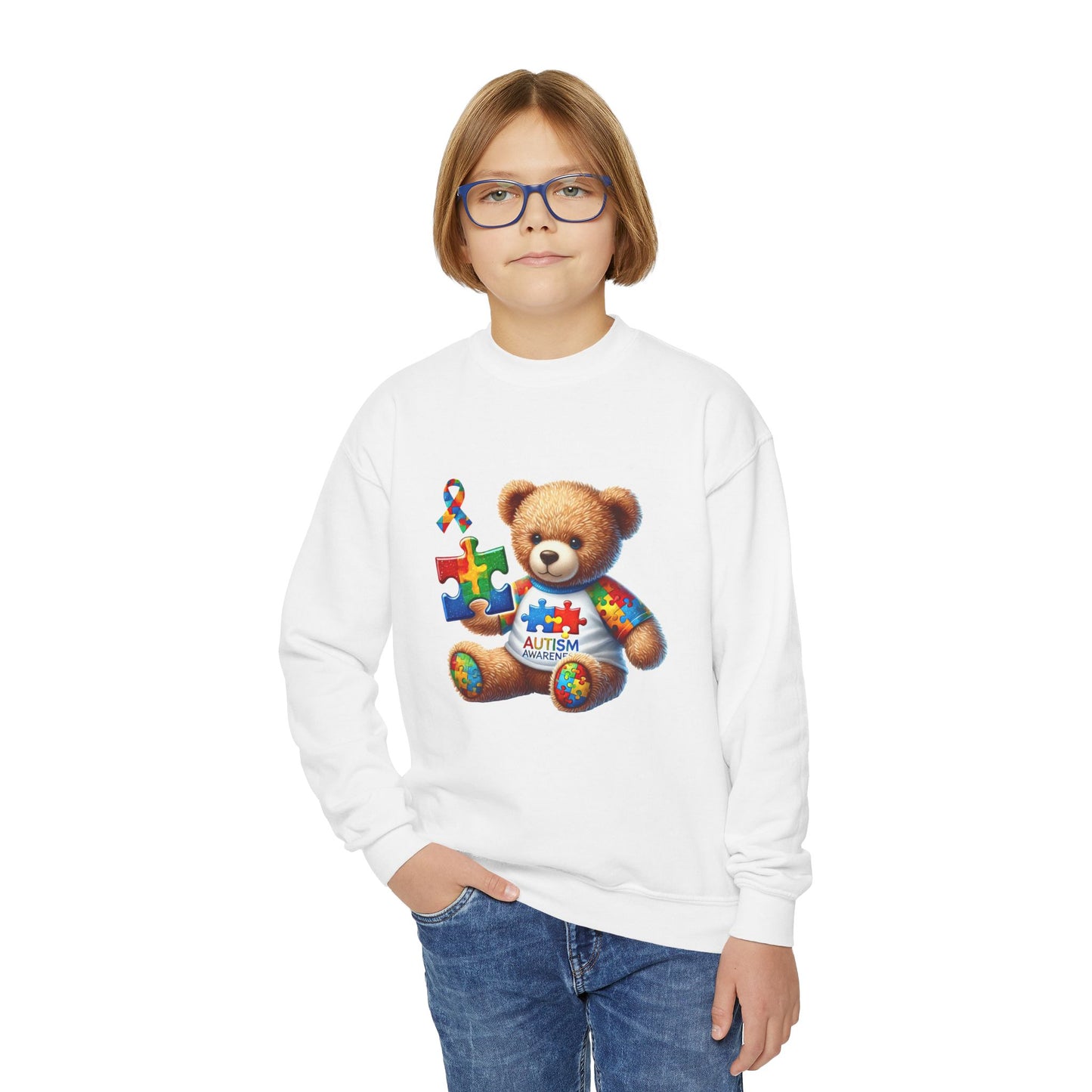 Autism Awareness Youth Crewneck Sweatshirt with Colorful Teddy Bear Design