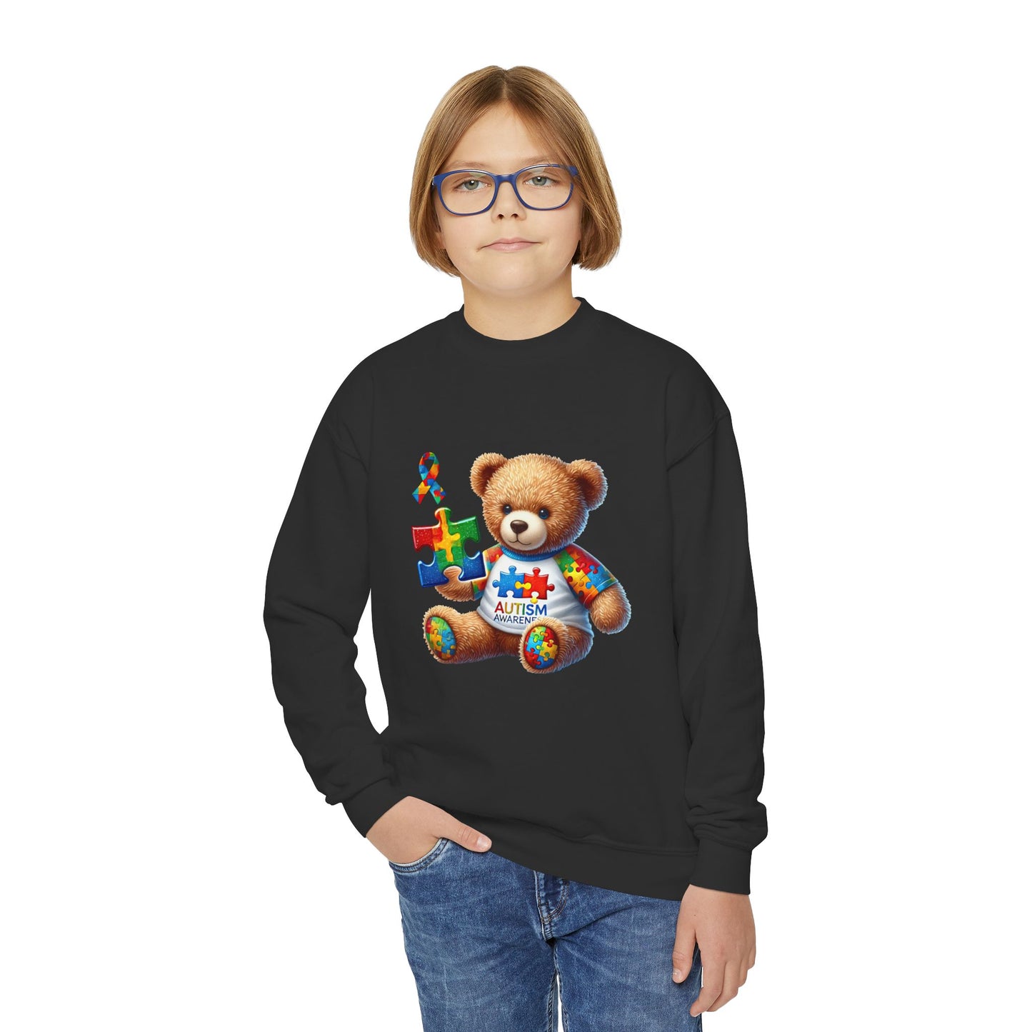 Autism Awareness Youth Crewneck Sweatshirt with Colorful Teddy Bear Design